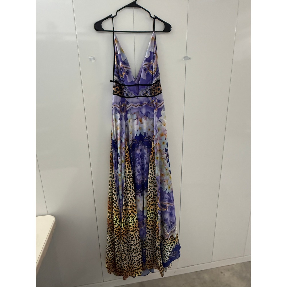 Forever Unique Purple Floral Leopard Print Maxi Dress V-Neck Empire Waist US 4